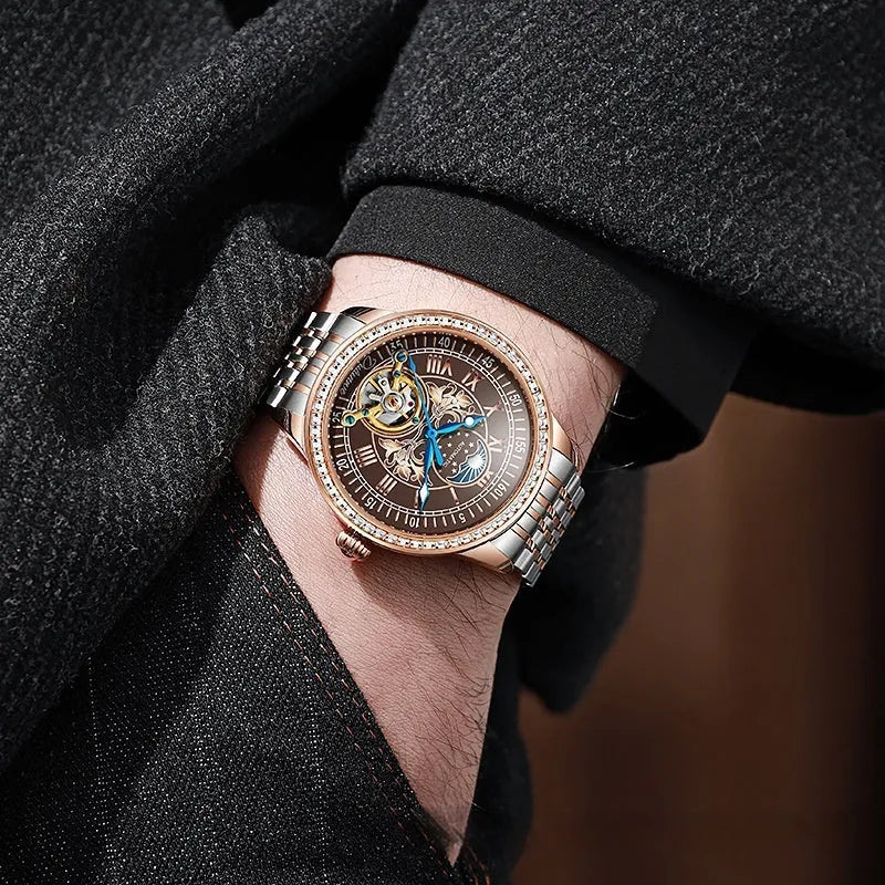 Men's stainless steel waterproof mechanical watch with round dial and butterfly clasp on wrist