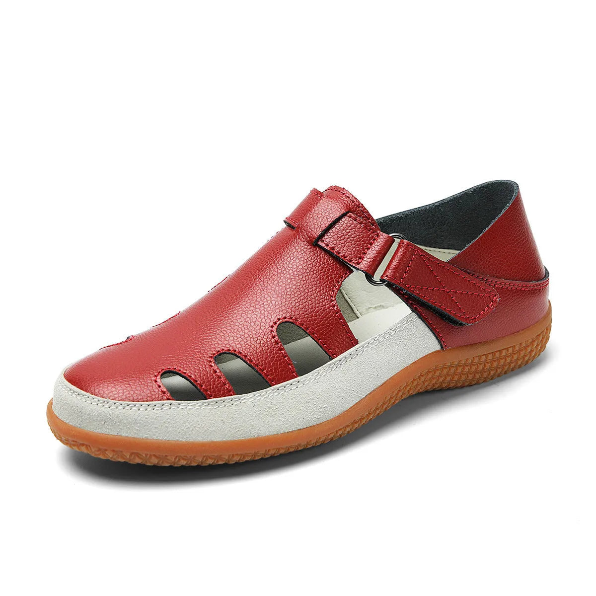 Women's plus size flat sandals with hollow-out toe cap in red, white, or blue on a thick rubber sole.