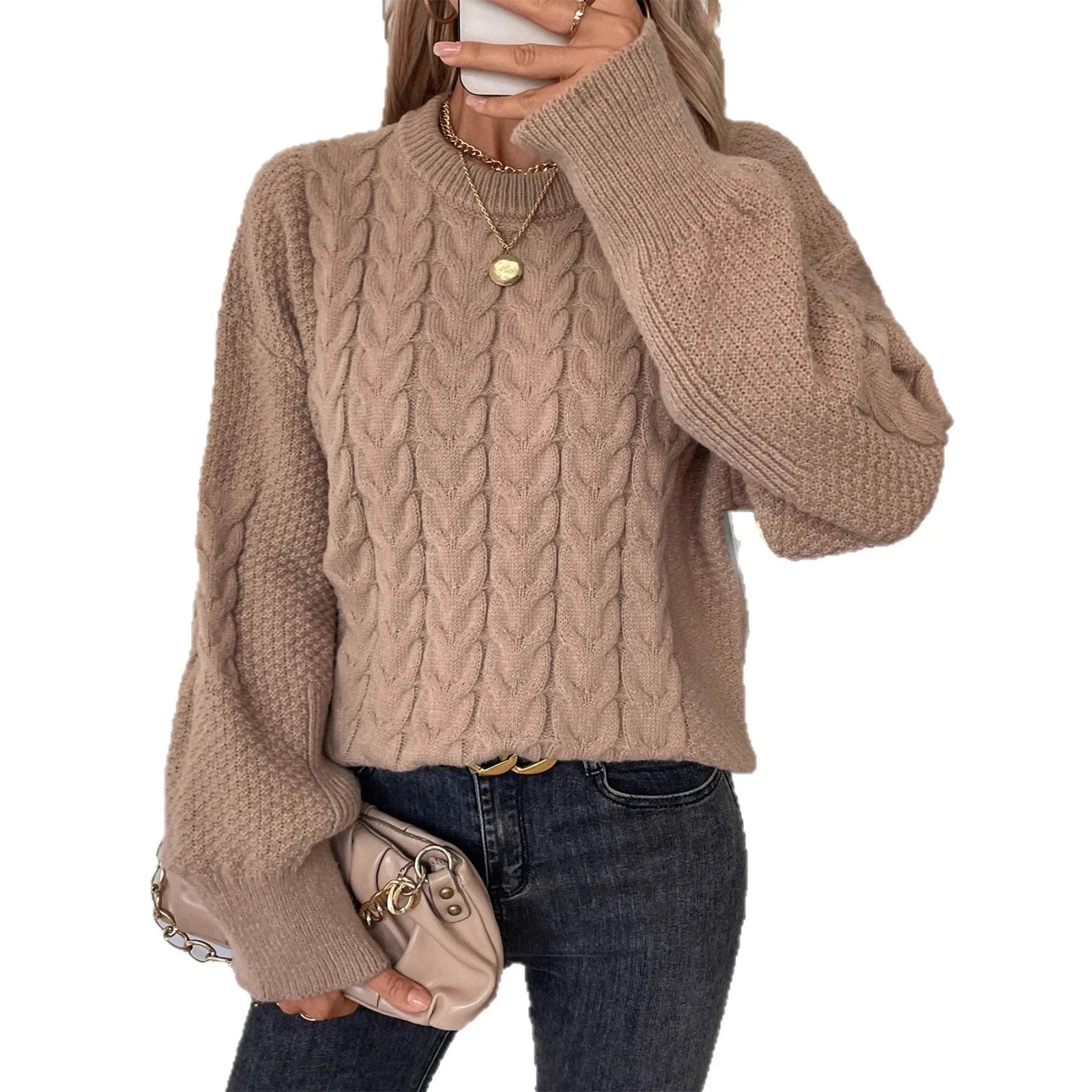 Women's beige loose sweater with twist stitch pattern and round neck