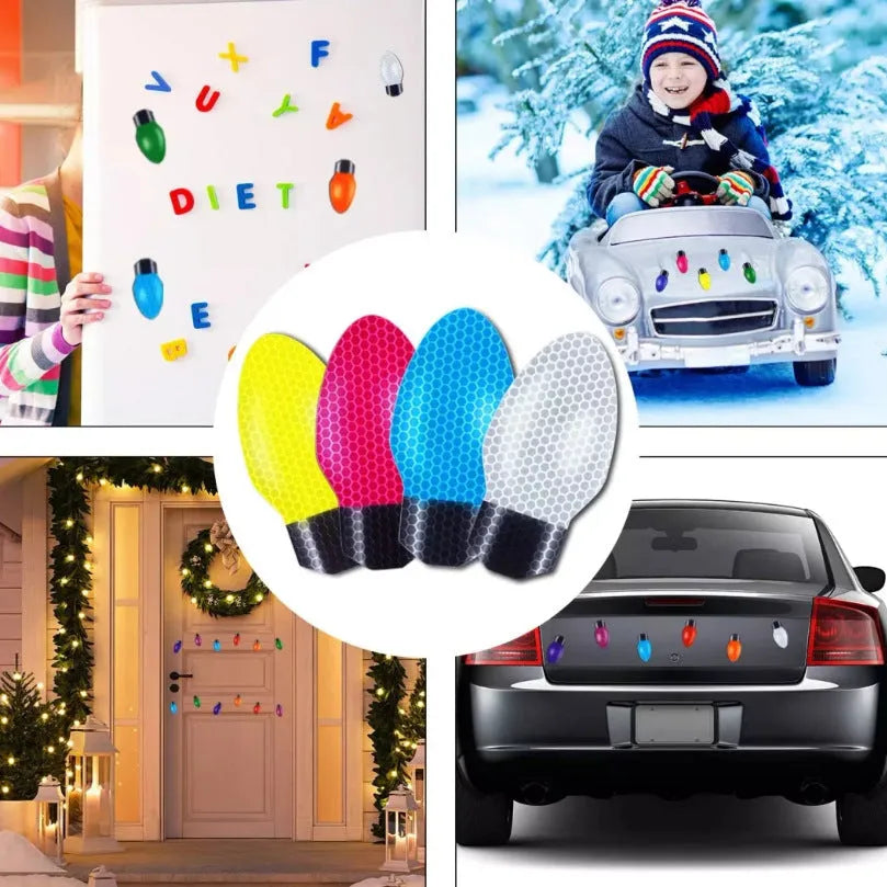 Christmas decorative set with reflective bulb and wire shapes on a magnetic backing for car and fridge decoration.