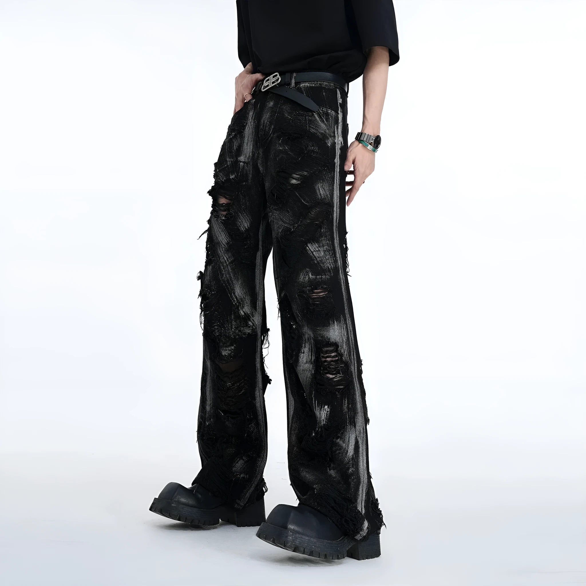 Men's black and grey pink graffiti-style heavyweight washed denim jeans on a mid-waist fit.
