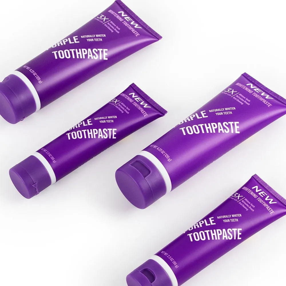 Purple whitening toothpaste tube for adults to remove yellow stains, showing 120g and 65g size options