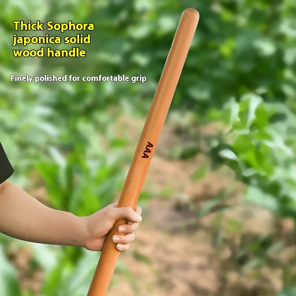 A selection of square-profile locust wood handles for axes, sickles, and a hoof hoe in various lengths.