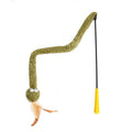 Green cat teasing stick with feather attachments on 140cm pole for interactive play