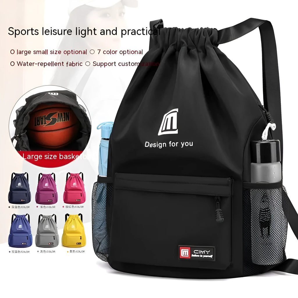 Oxford waterproof drawstring travel backpack in multiple colours showing foldable design and shoulder straps