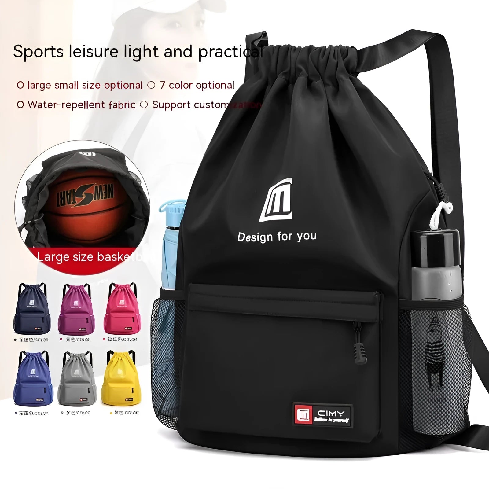 Oxford waterproof drawstring travel backpack in multiple colours showing foldable design and shoulder straps