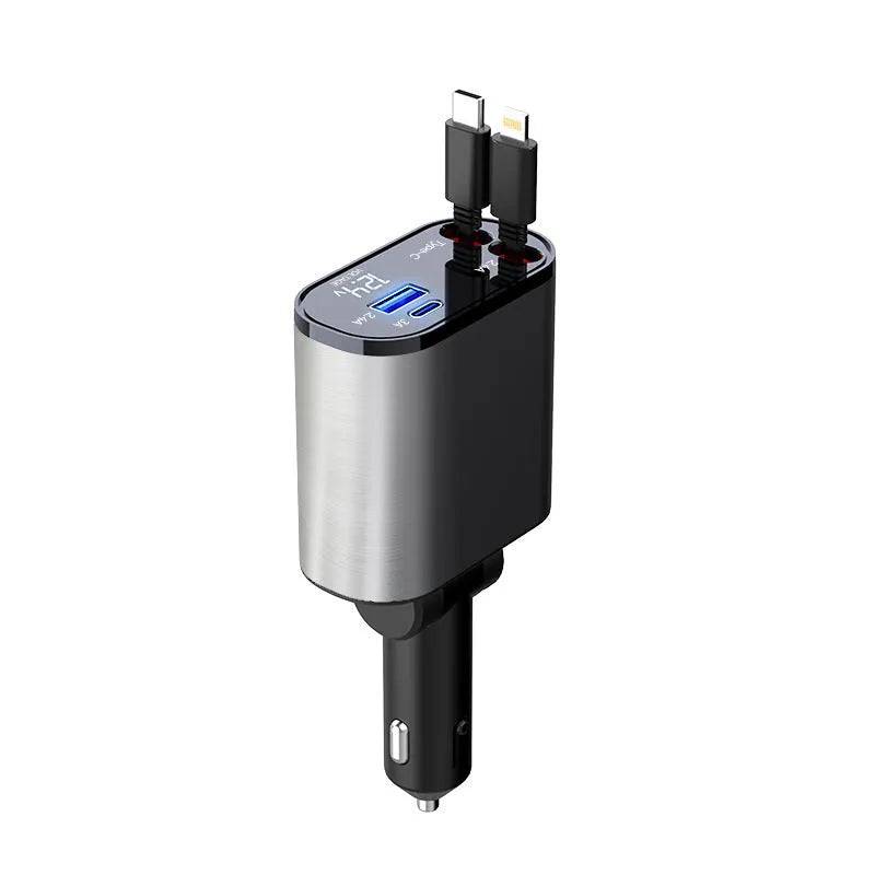 100W metal car charger with retractable cable and adjustable head for fast mobile charging in a car