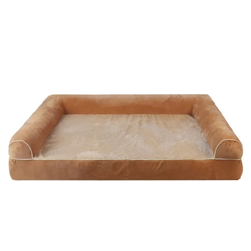 Square sponge dog bed with a breathable, washable cloth cover shown in a blue colour.