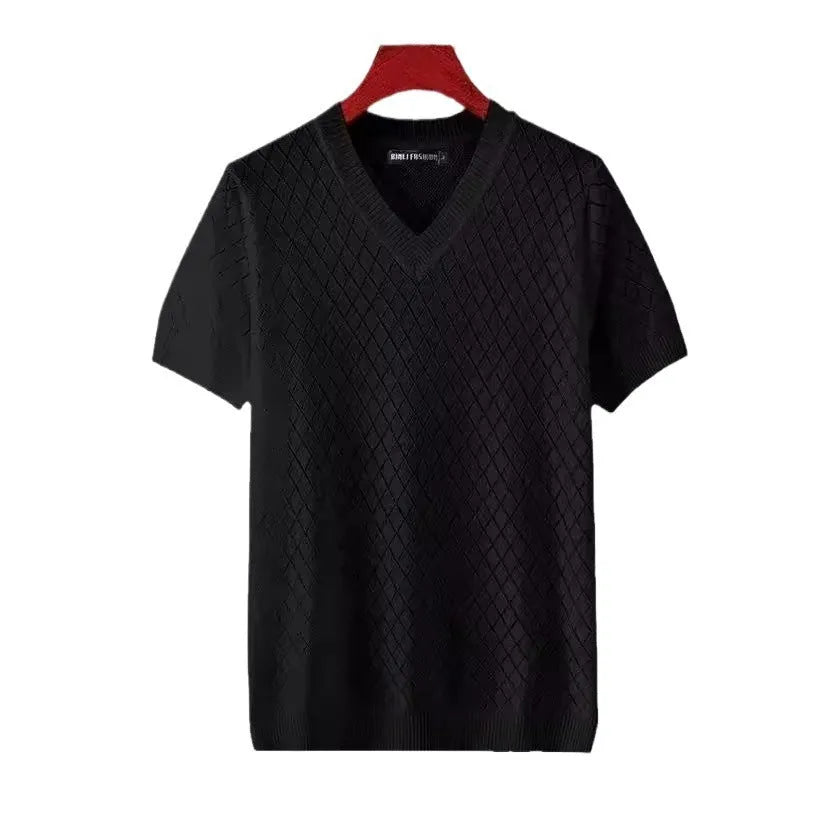Men's black and white ice silk short sleeve t-shirt showing V-neck and round neck styles on hanger.