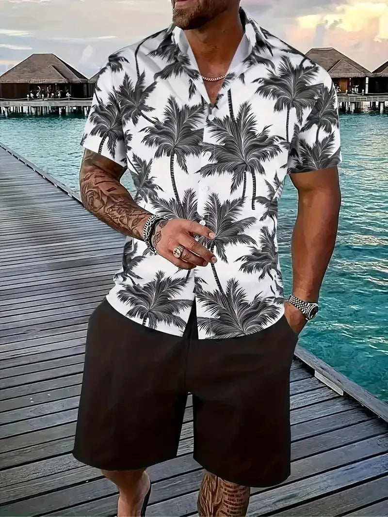Men's 3D printed Hawaiian shirt and shorts co-ord set in a casual style.