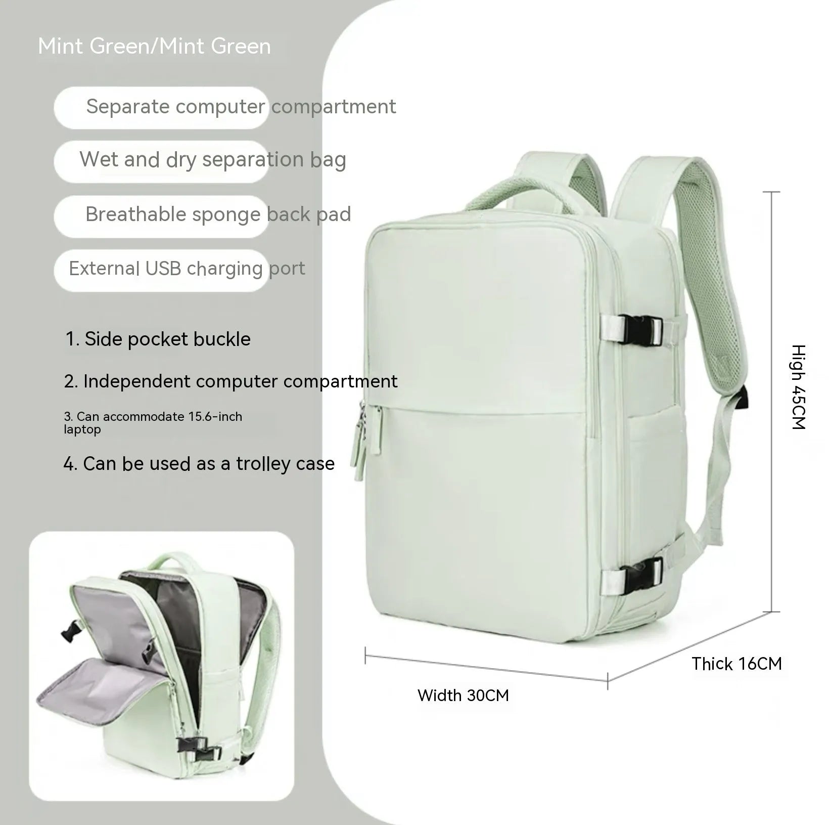 Large black nylon mummy-style travel backpack with a waterproof lining.