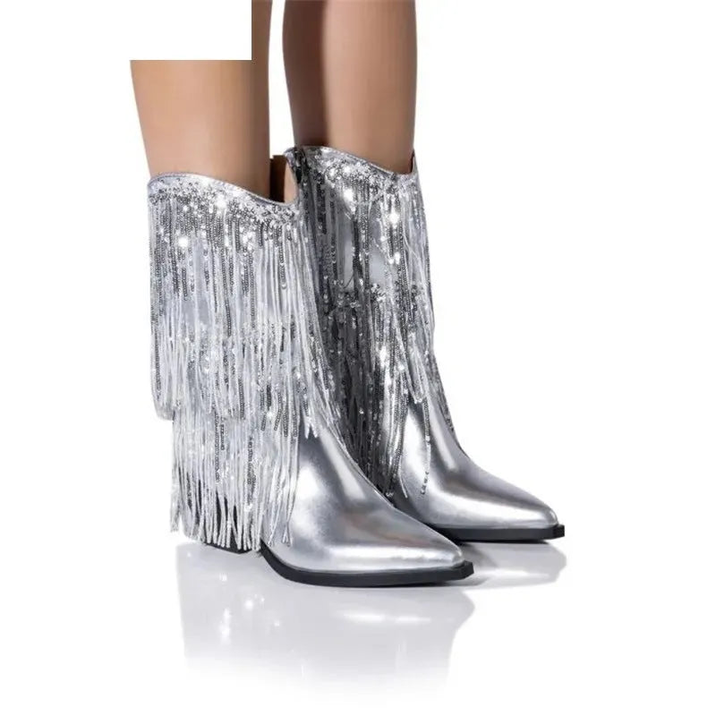 Women's black PU leather chunky heel tassel boots with pointed toe and high stiletto heel on a white background.