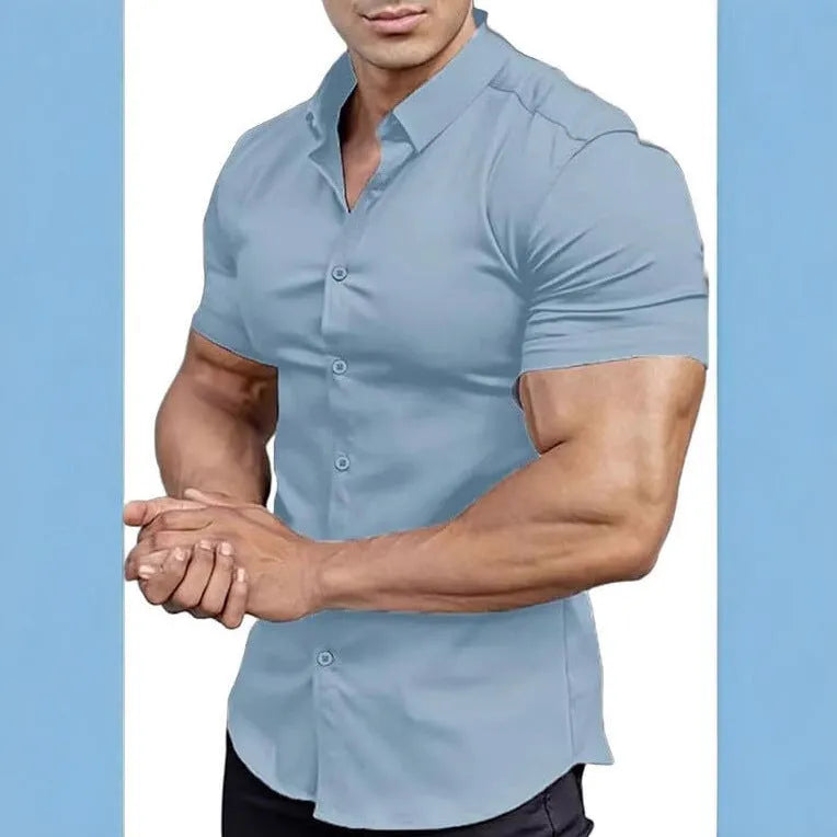 Men's casual short sleeve printed shirt with collar in cardigan style, available in multiple colours.