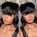 Black Brazilian wig with short front and long back hair, made from synthetic high-temperature fibre.