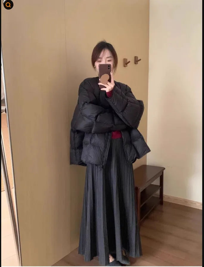 Dark grey knitted long dress suit with artistic retro 3D pattern, showing sweater and skirt.