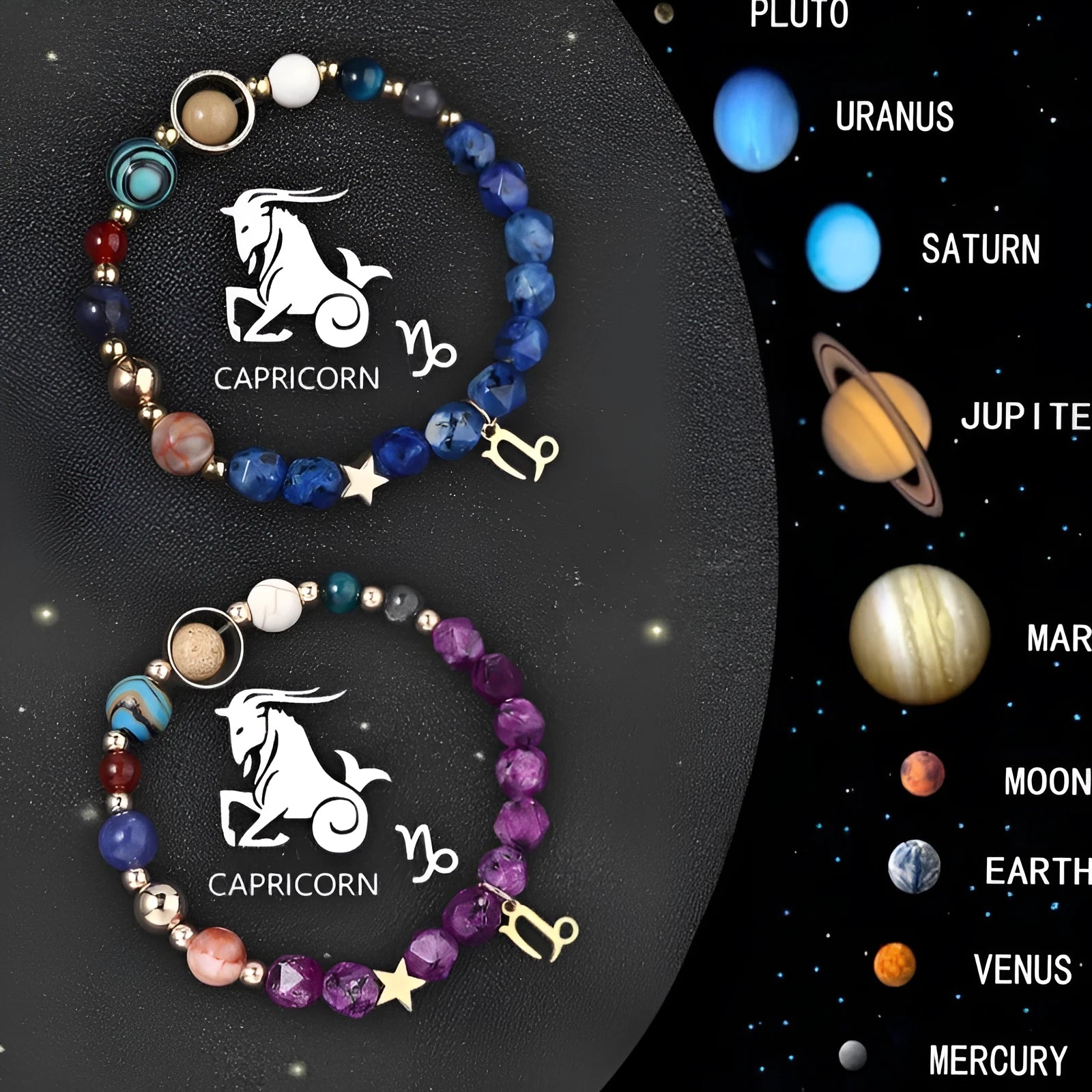 Set of twelve natural stone beaded bracelets, each representing a different zodiac sign with celestial charms.
