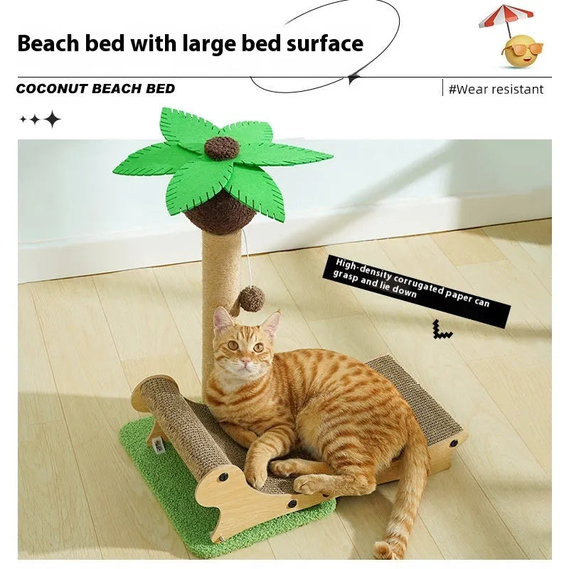 Wooden beach chair design cat climbing frame with scratch board surfaces and elevated pet bed