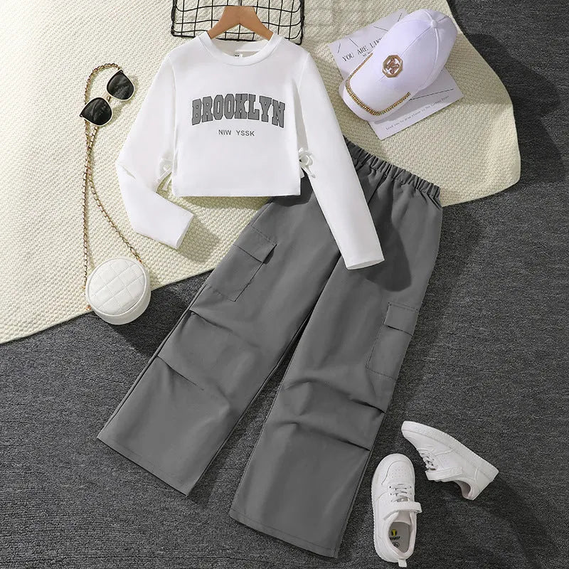 Girls' letter print long sleeve pullover sweater and wide leg pleated overalls set, cotton blend, five colours, 130-170cm