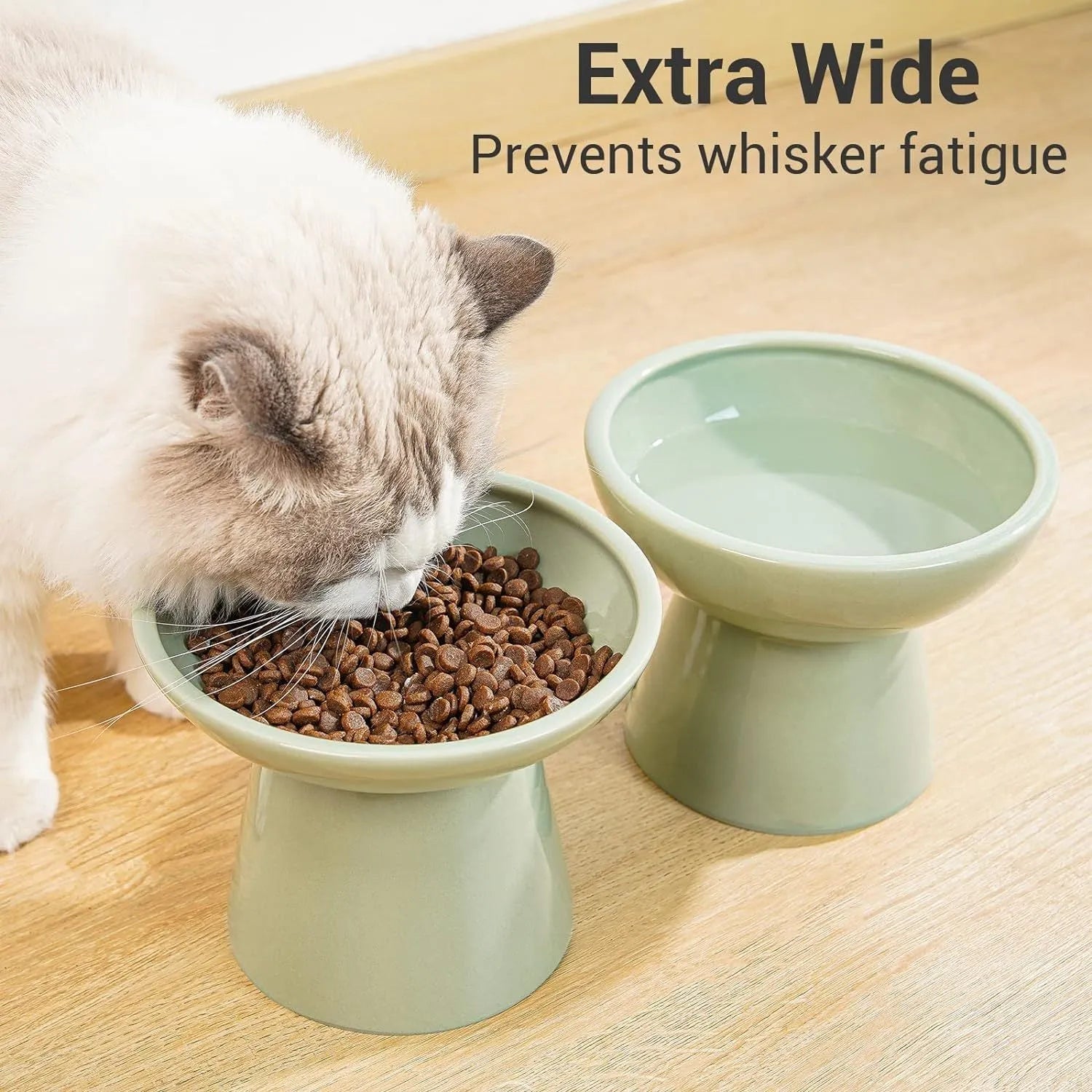 Blue elevated ceramic cat bowl with wide shallow dish on a white background.
