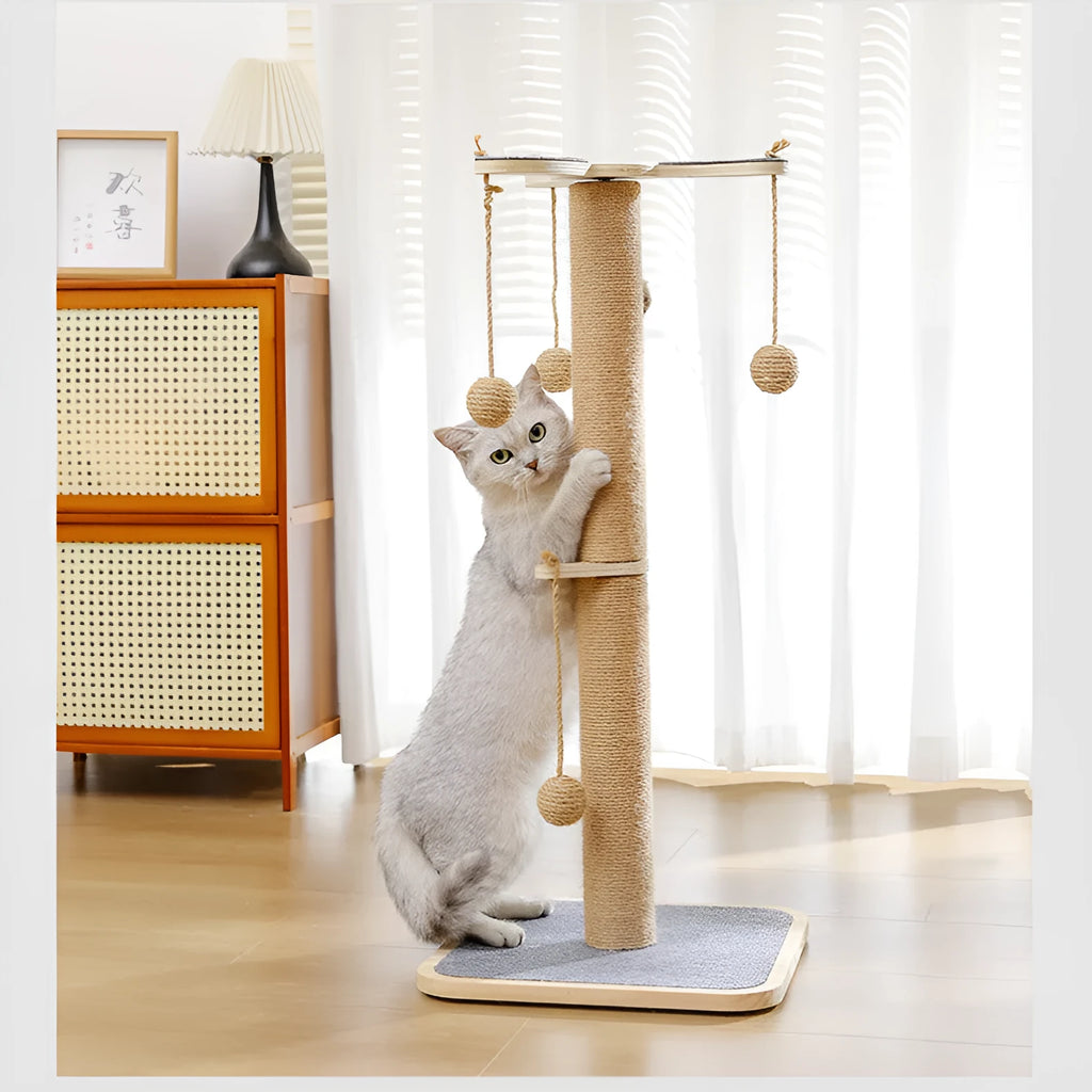 Scratch-resistant cat climbing frame with hanging ball toy on carpet leather surface