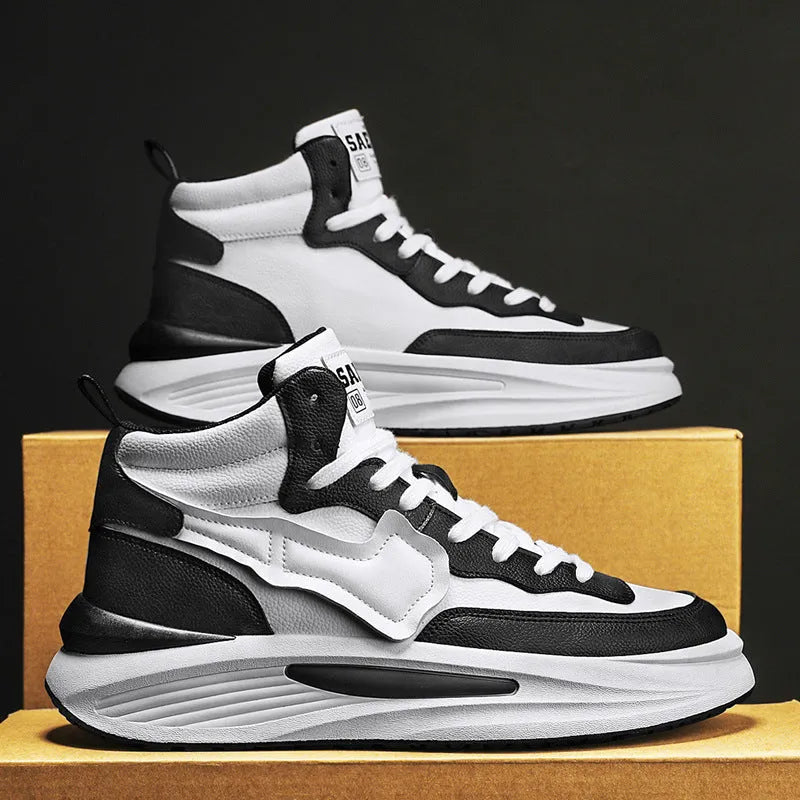Men's black and white high-top platform board shoes made of artificial PU leather