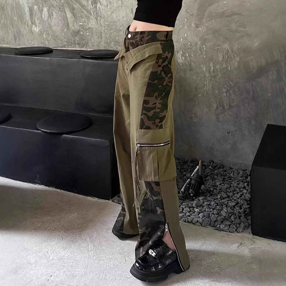 Women's dark khaki leopard print high waist straight leg jeans with retro tooling style details.