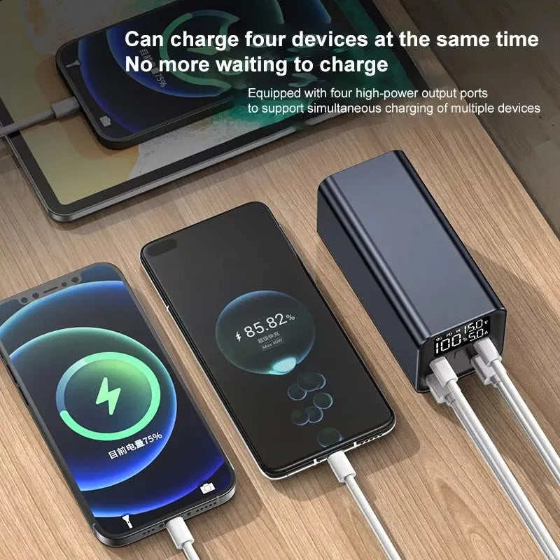 65W high power laptop charging bank with metallic casing showing USB-C port and capacity indicator