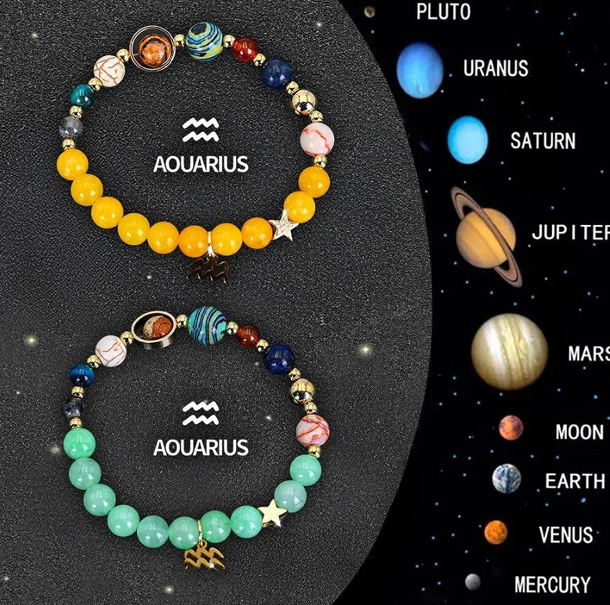 Two natural stone beaded bracelets for zodiac signs on a neutral background.