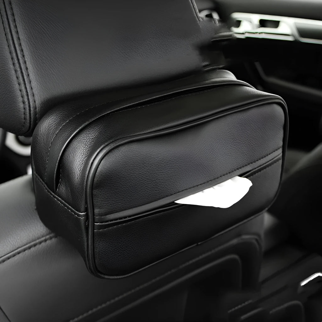 Black PU leather car hanging storage box with integrated paper bag holder