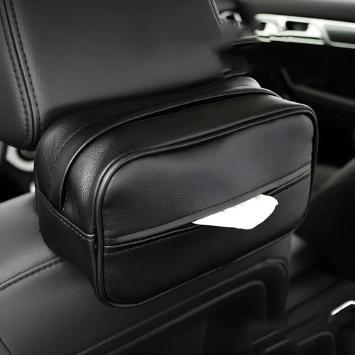 Black PU leather car hanging storage box with integrated paper bag holder
