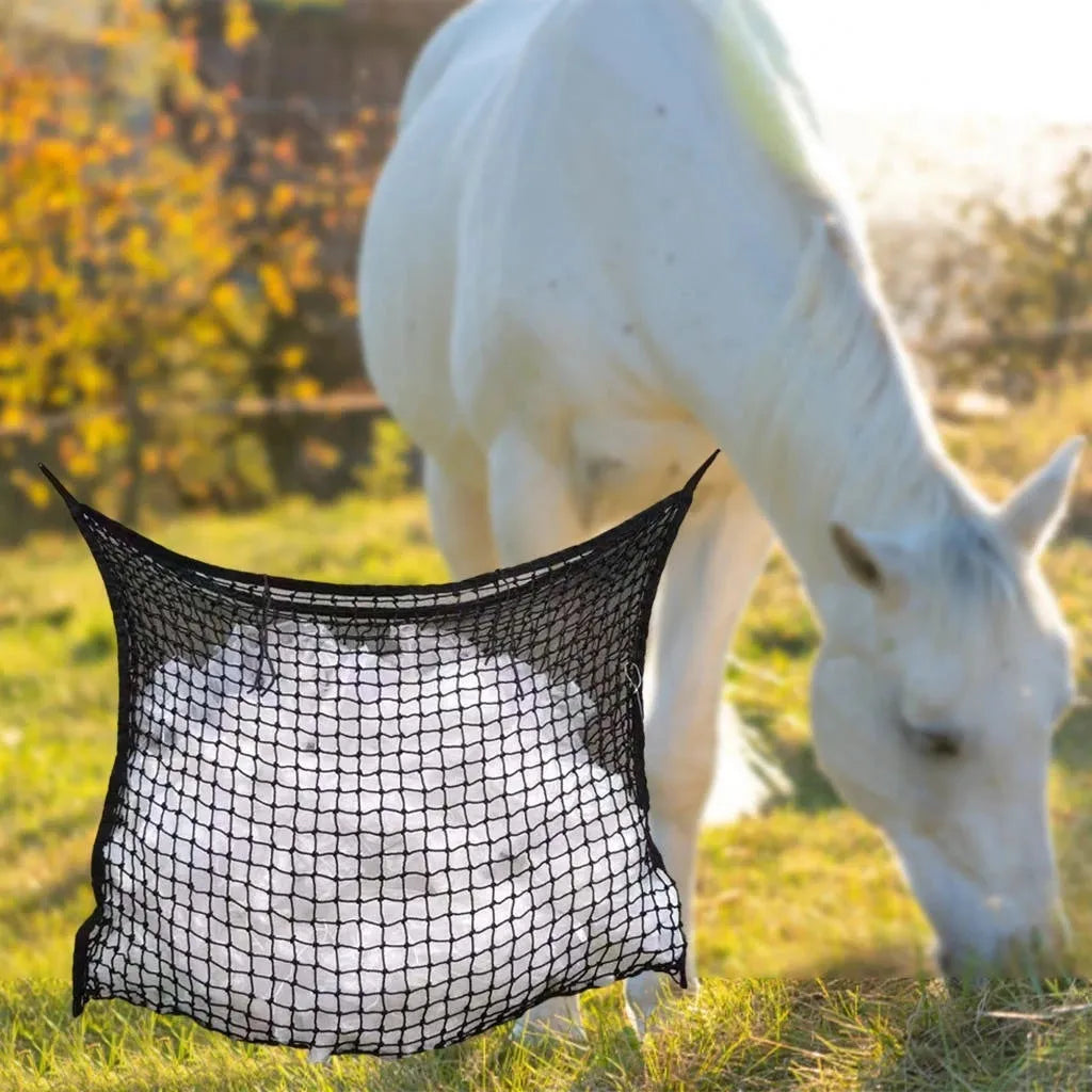 Black woven PE rope hanging feeding bag for horses with grid design
