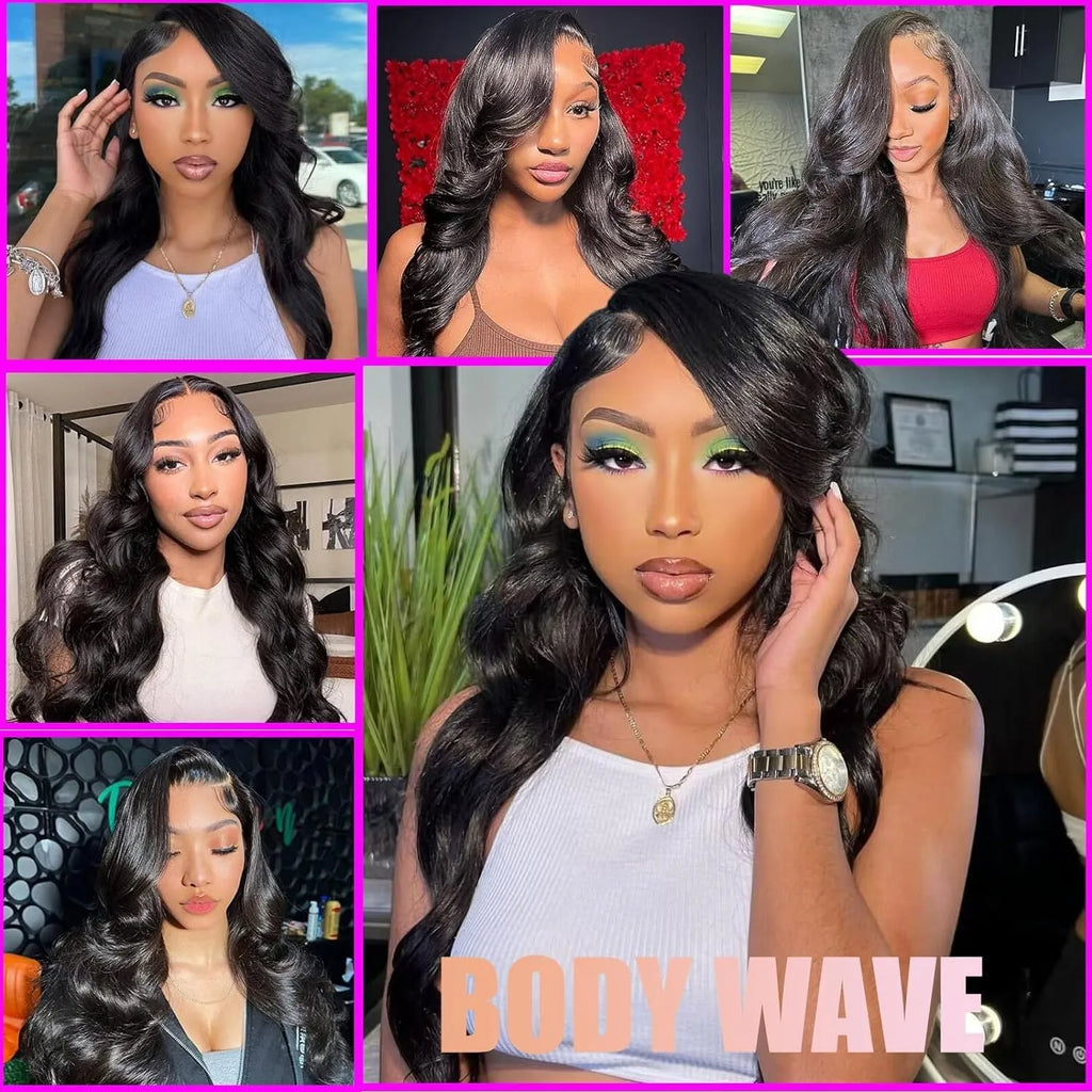 A black synthetic wig with long, medium-large waves, shown on a mannequin head.