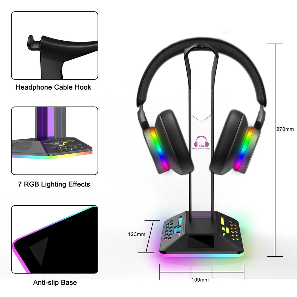 RGB colour-changing headphone display bracket with integrated dual USB ports on a desk.