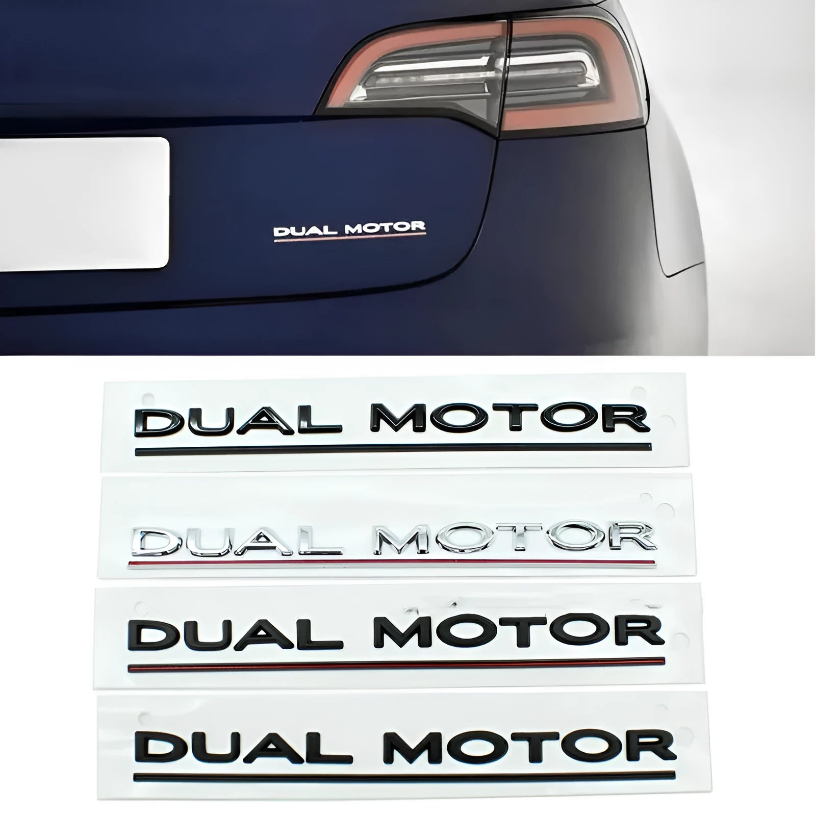 Tesla Model 3 Dual Motor bumper sticker in black and red on ABS plastic