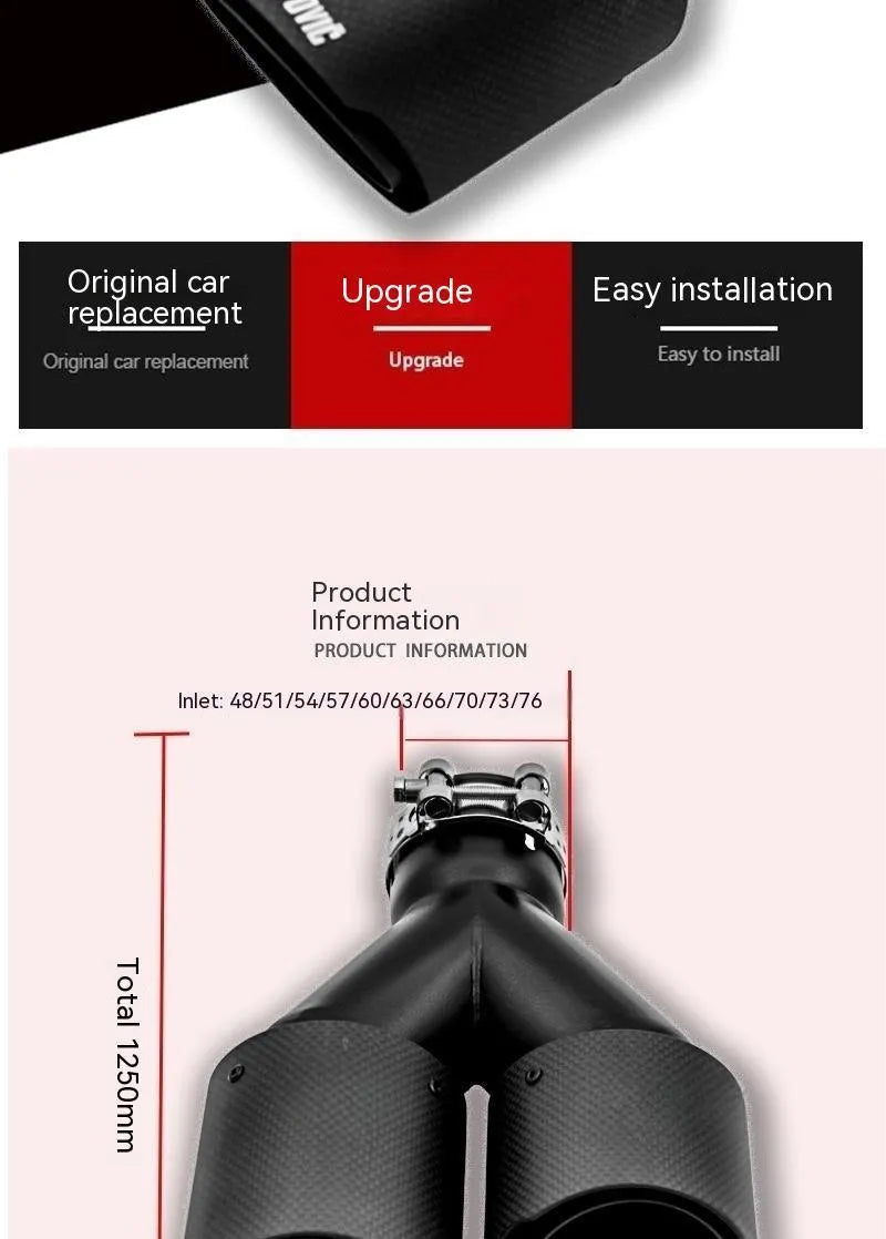 Black carbon fibre car exhaust pipe with two-tail-one-nozzle silencer design and double outlet configuration