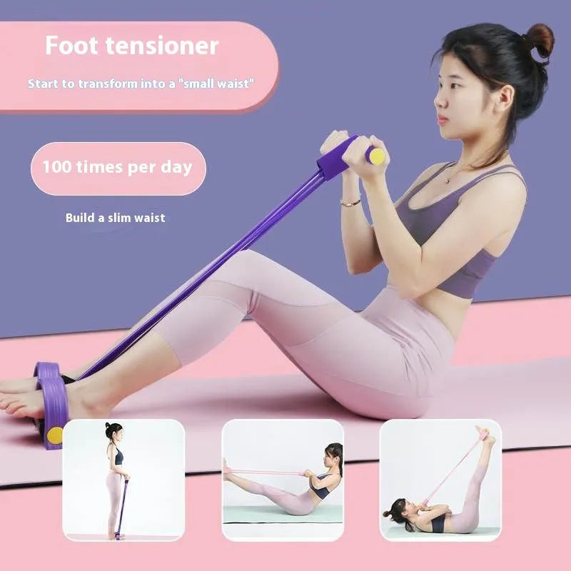 Yoga four piece set showing leg stretcher, yoga ring, pedal device, and tension rope