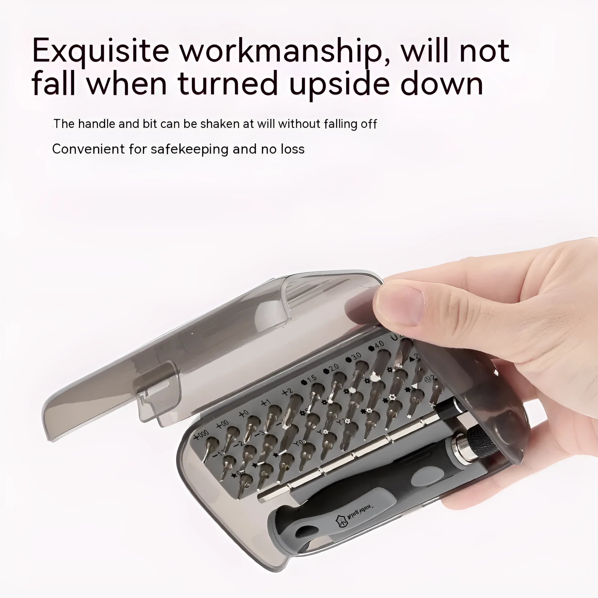 32-in-1 screwdriver set with 30 bits in a black plastic case, showing PH1 cutter head.