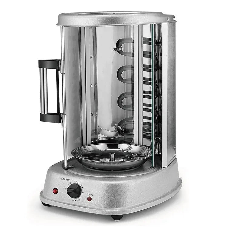 Black electric rotisserie oven with 21L capacity and 1500W power, showing whole chicken on spit