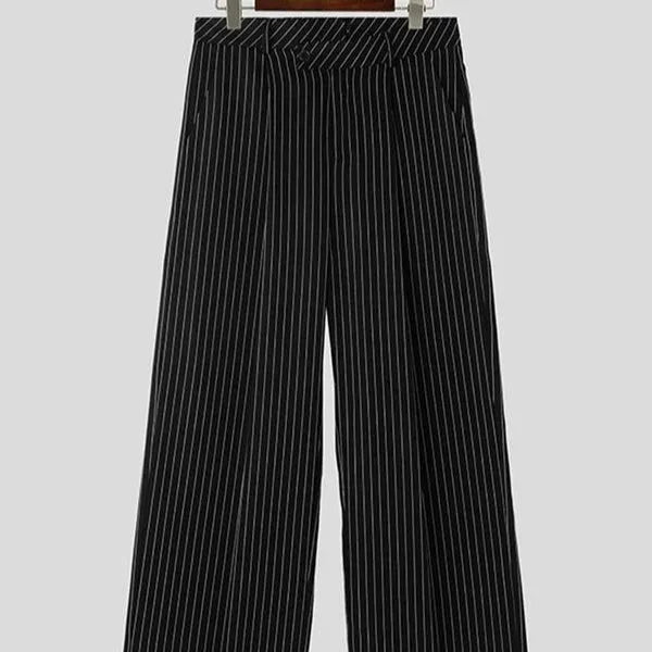 Men's black vertical striped pleated casual trousers showing front view