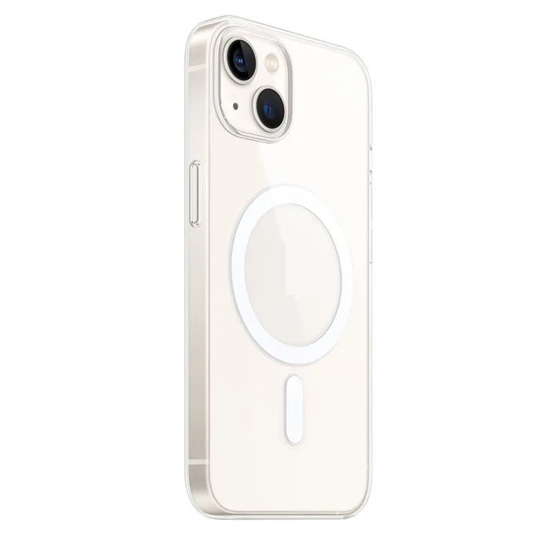 Transparent magnetic back cover phone case for iPhone models showing clear design and MagSafe compatibility