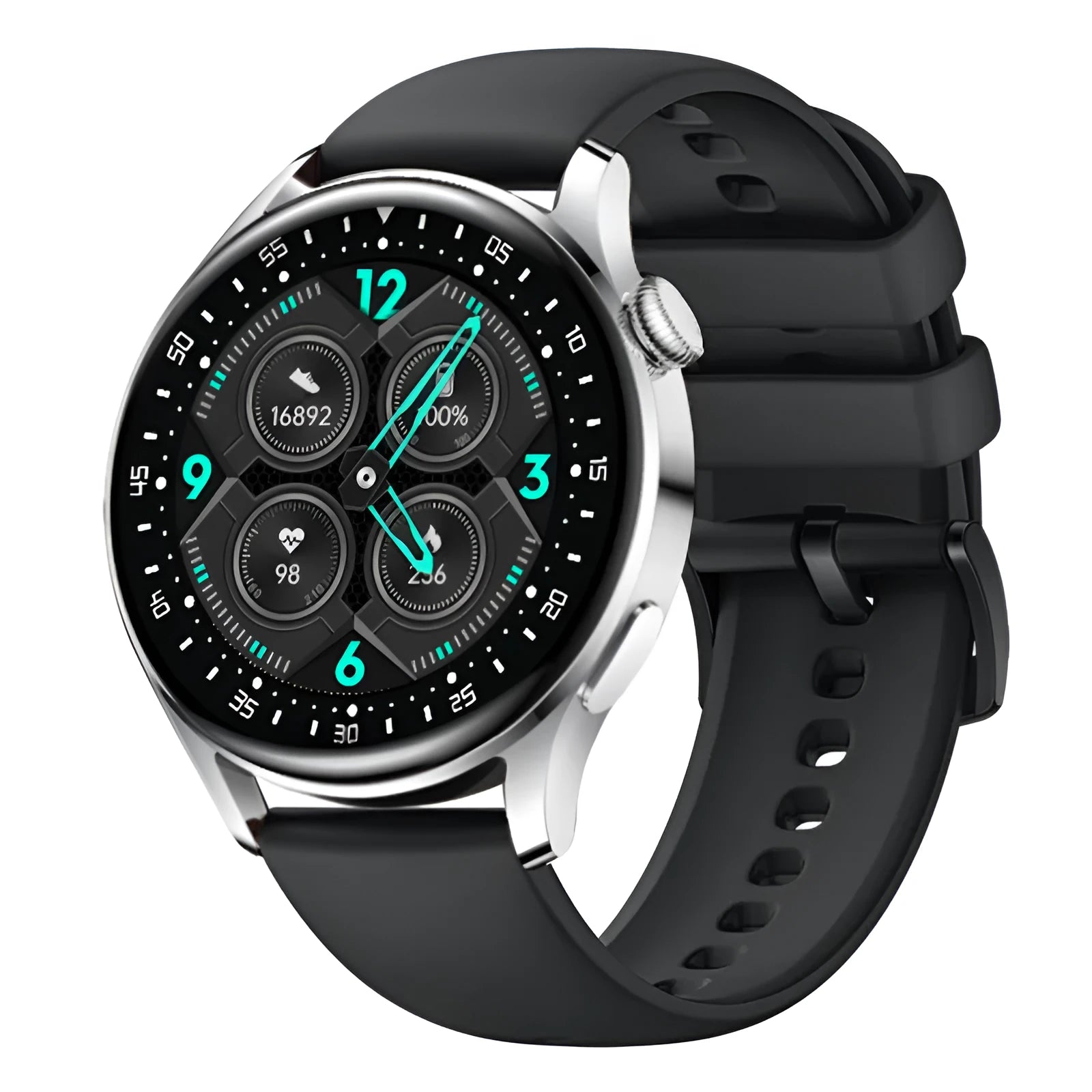 Black leather strap smartwatch with 1.32 inch touchscreen displaying health metrics