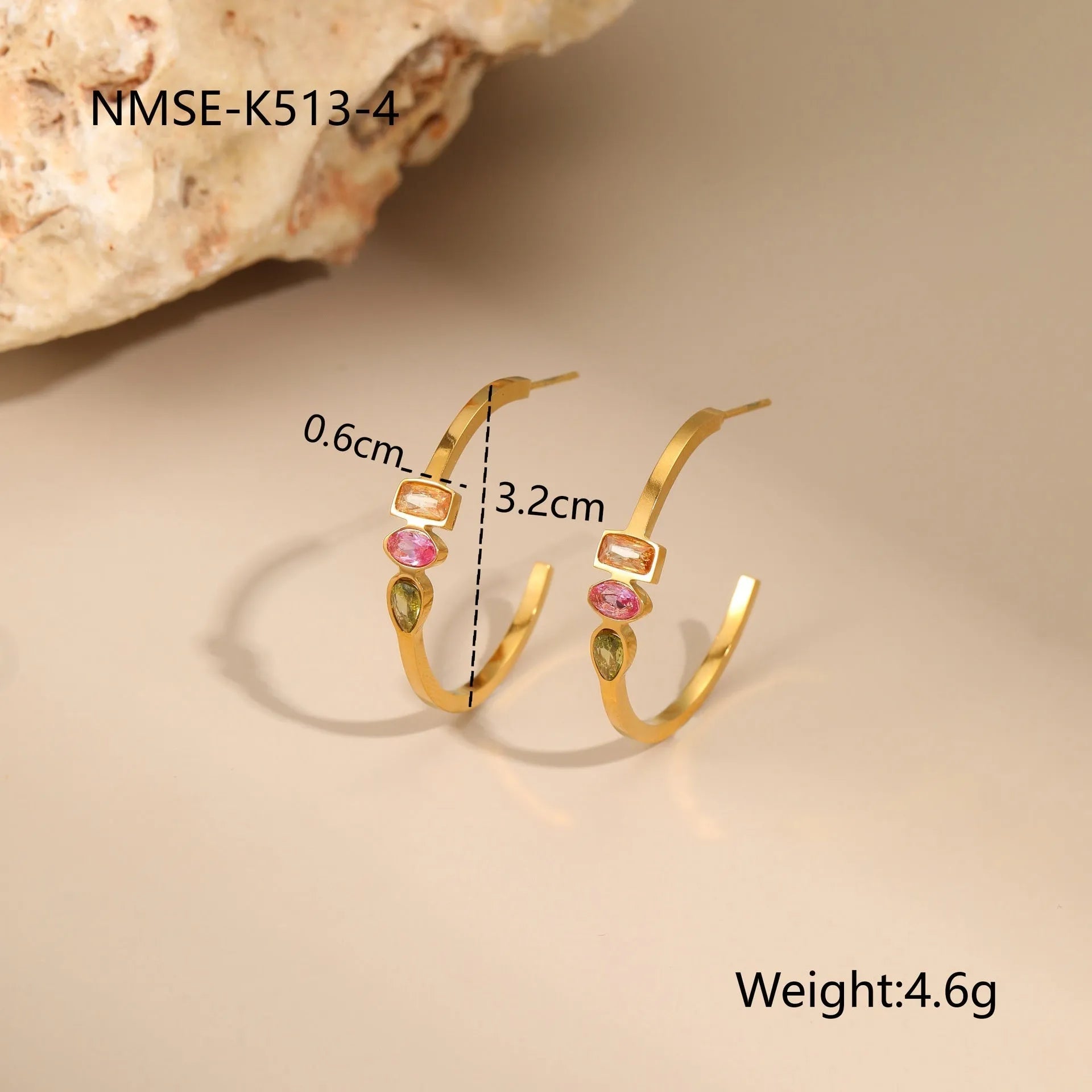 Gold plated geometric zircon jewellery set showing necklace, ring and earrings with stainless steel chain
