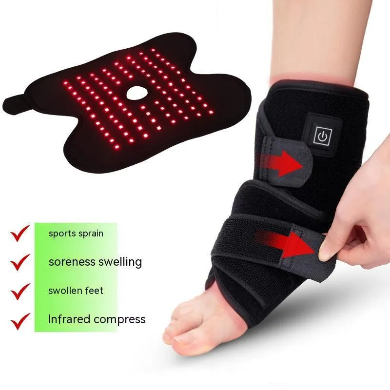 Black physical therapy ankle support with red light heat compress and USB cable