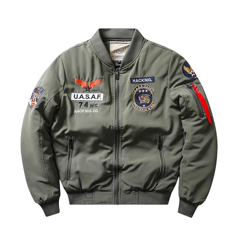 Man wearing a slim-fit black retro motorcycle cotton-padded coat with stand collar and embroidery