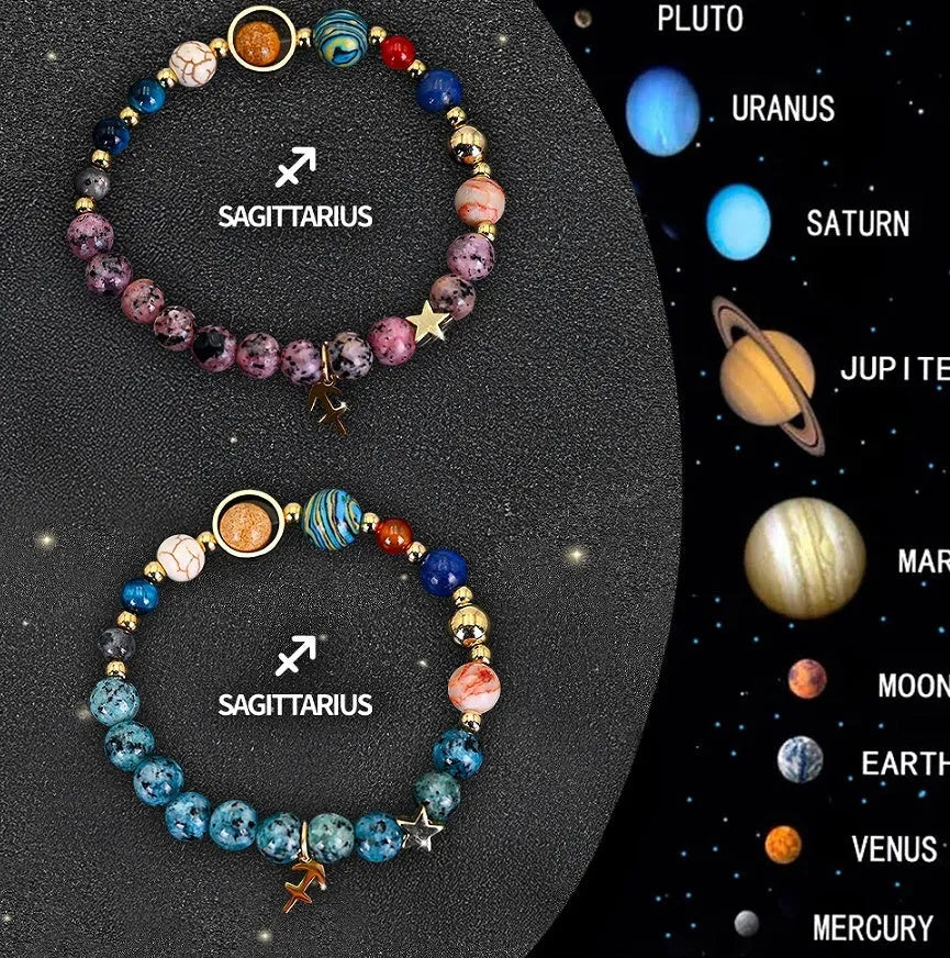Two natural stone beaded zodiac bracelets laid side by side, showing different stone textures and colours.