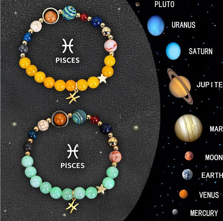 Two natural stone beaded bracelets for zodiac signs on a neutral background.