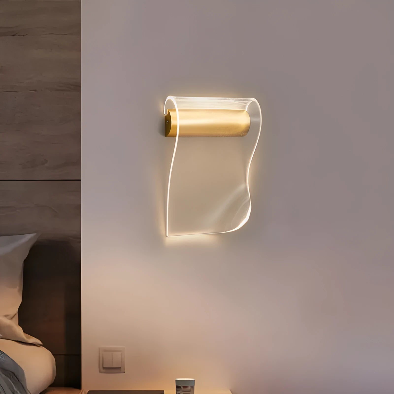 Wall lamp with iron construction and acrylic shade showing left bend and right bend orientation options