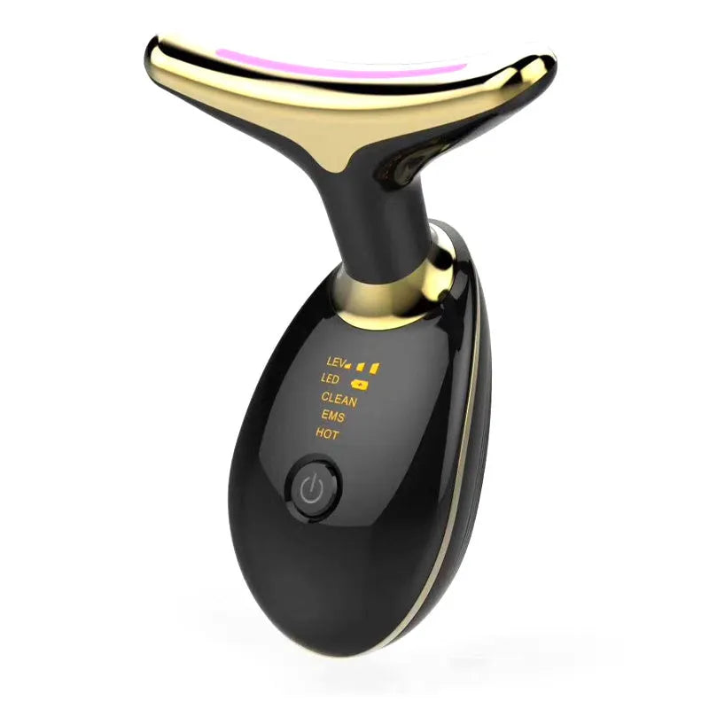 White EMS thermal neck lifting massager device with LED lights on a stand with USB cable