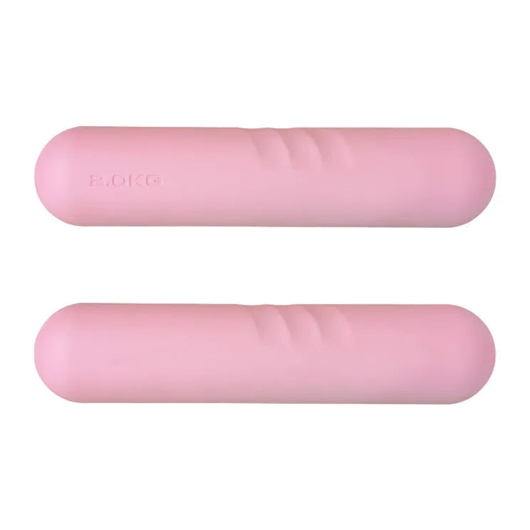 Silicone-edged hand-drawn dumbbell stick in a choice of colours including pink, green, and black, shown with cast iron weight.