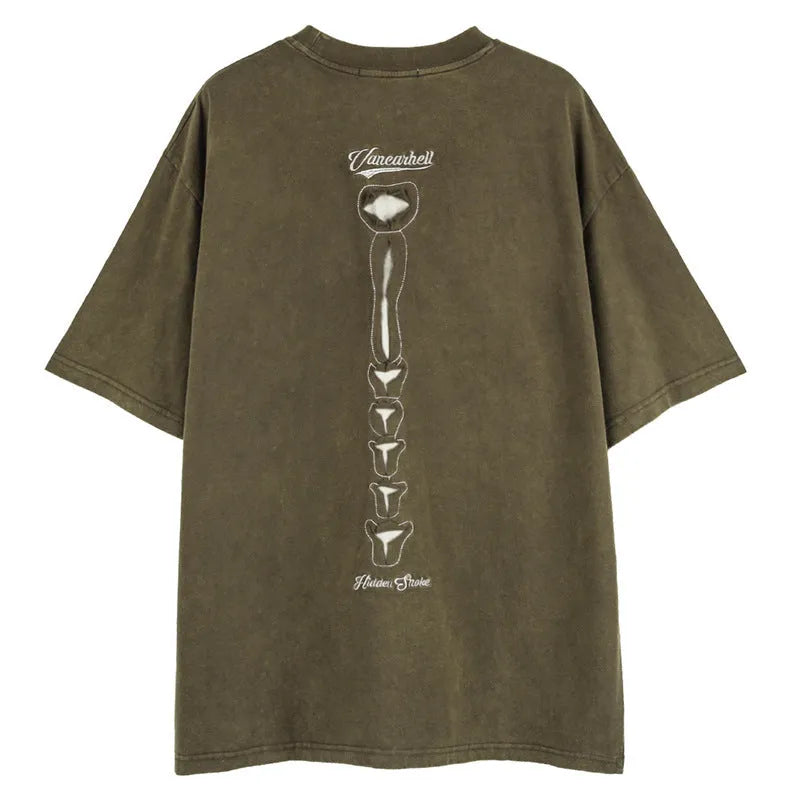 Black loose fit t-shirt with skull and letter print featuring drop-shoulder sleeves.